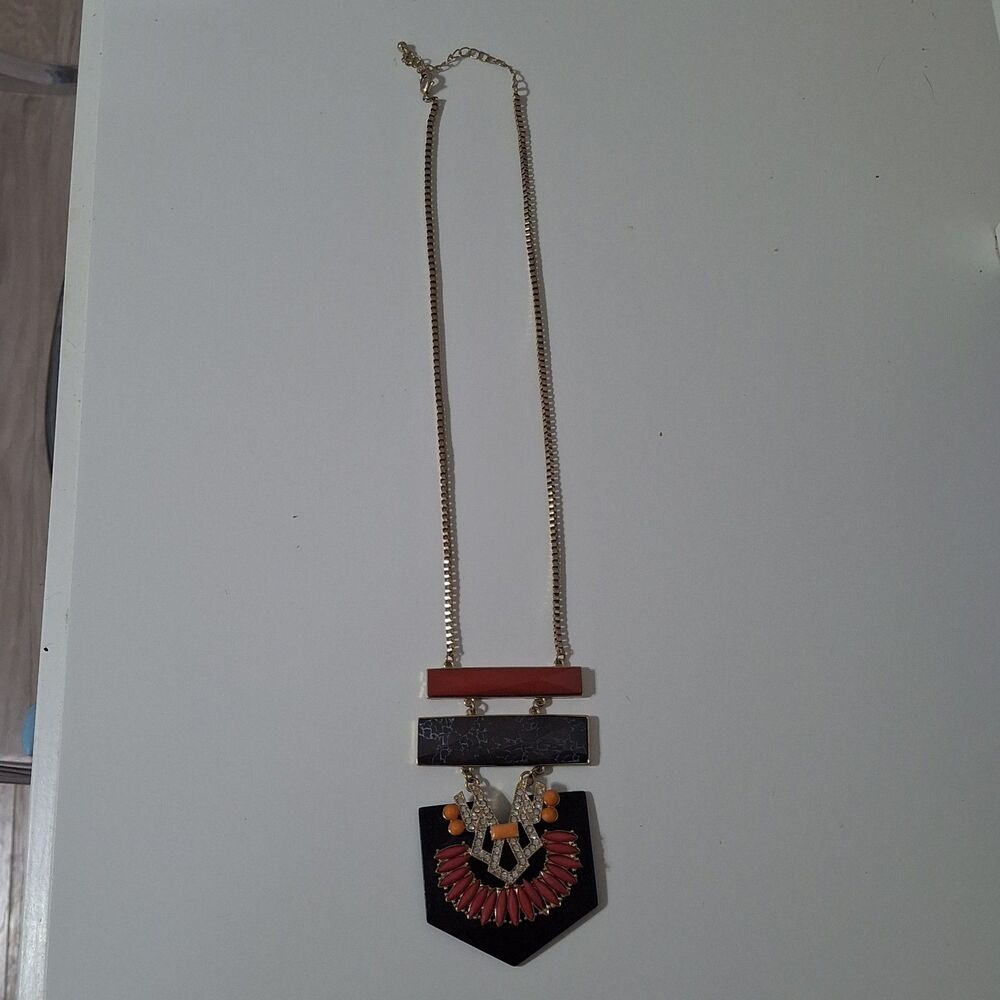 Statement Necklace Black Marble Red Orange Rhinestone Tribal Bohemian Boho